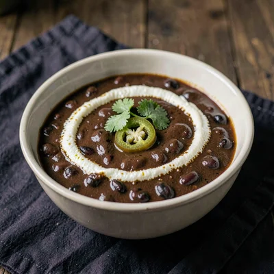 Bowl of black-bean and chocolate chili on dark linen, a swirl of crema, sliced j