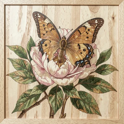Marquetry butterfly on peony