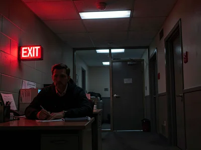Office after everyone left, one person at desk, EXIT sign the conscience of over