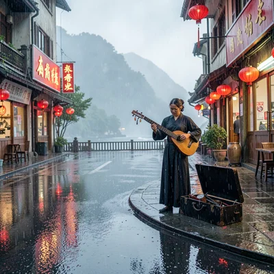 Jiufen rain beauty, wet mountain coastal, Musician playing erhu on rainy street 
