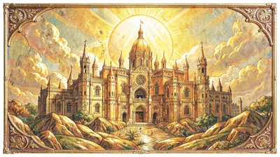 Gold leaf illuminated illustration, heavenly Jerusalem , burnished gold leaf are