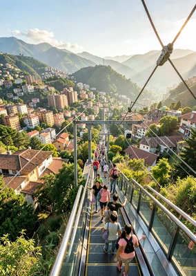 Eternal spring light over transforming Medellín, public escalator cutting throug