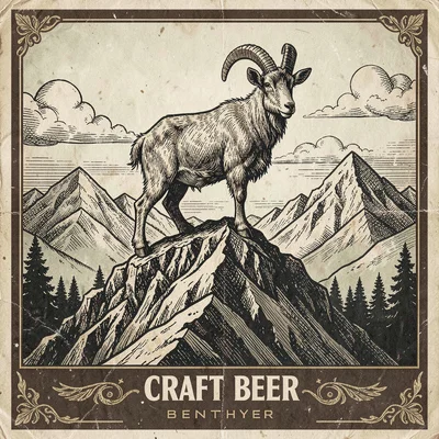 Craft beer label illustration, Goat on mountain peak , brewery label aesthetic, 
