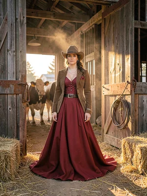 Valentino red gown pooled in hay barn doorway, light streaming through slats