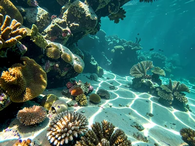 Light web slowly shifting across ancient coral floor
