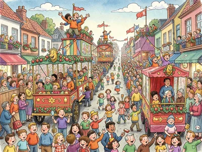 Festive parade with crowds