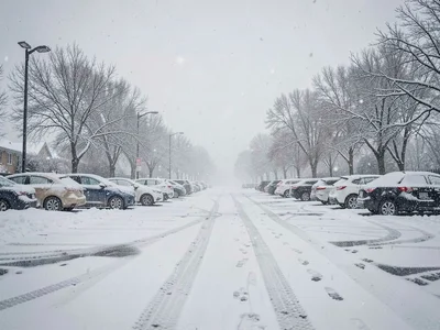Parking lot transforming, ordinary becoming magical, white covering grey