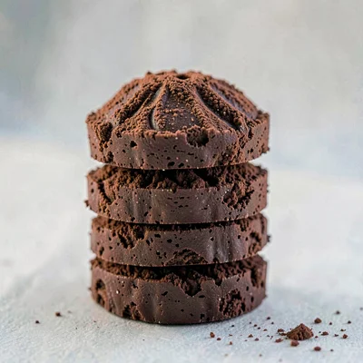 neat stack of hand-cut chocolate truffles dusted in dark cocoa, soft fingerprint