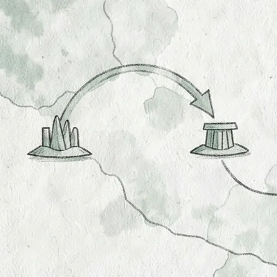 Hand-drawn map illustration of a route arc connecting two abstract landmark glyp