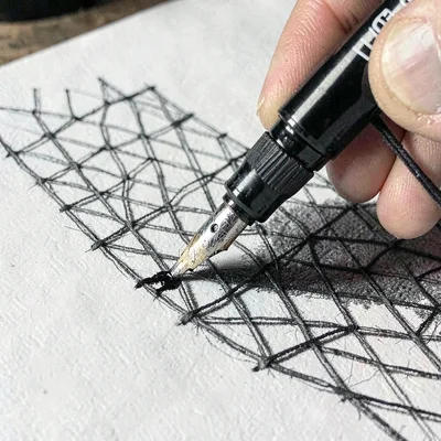 Tight pen-ink drawing of a hand-tied diamond mesh in progress, cross-hatch shado