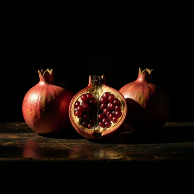 Three ripe pomegranates on a dark table, one split open revealing jewel-like see