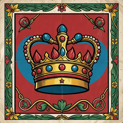 Mexican lotería card illustration, a crown with jewels and regal magnificence , 