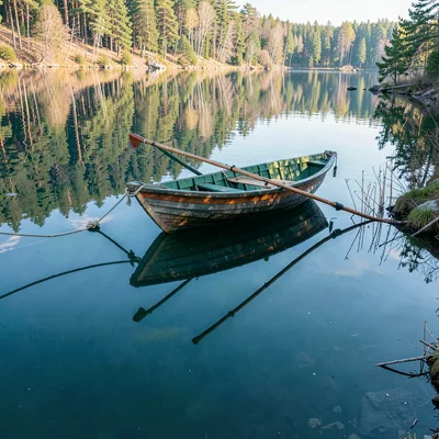 Finnish lake mirror, dead-calm reflection, Rowing boat tied to shore, hull and r