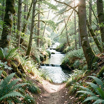 Vertical botanical of a forest path leading down to a hidden river bend