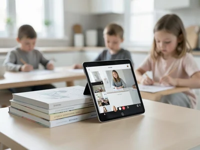 Video call on tablet propped against stack of cookbooks in kitchen, kids drawing