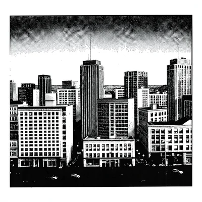 1-bit dithered illustration, cityscape with buildings , black and white only, di