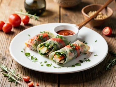 Fresh spring rolls on a white ceramic plate, dipping sauce in a small bowl, herb