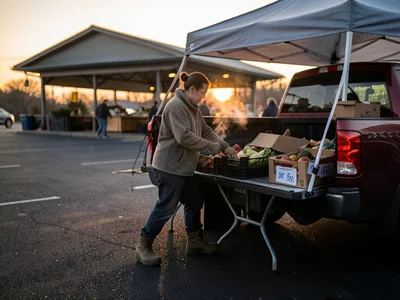 A farmer's market vendor at their truck at 5am before the market opens, unloadin