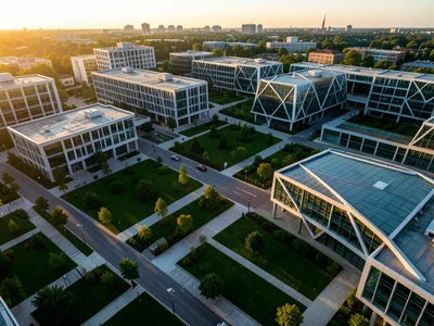Aerial view of a corporate campus with green courtyards and geometric buildings