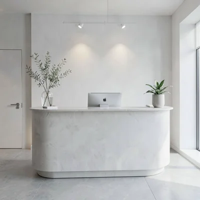 clean studio interior of a calm reception desk with neutral lighting