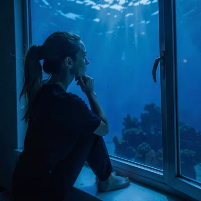Deep oceanic blue saturation, light filtering through density, A woman looking o