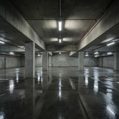 Empty parking structure with wet floor reflecting ceiling lights