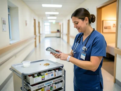 A nurse at a medication cart in a hospital corridor, scanning a patient's wristb