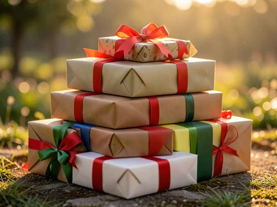 Stack of wrapped gifts with ribbon and bows, variety of papers, festive pile