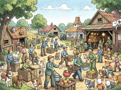 Busy farm with farmers