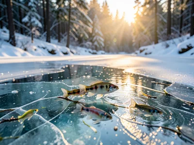 Tropical fish swimming in frozen pond, ice perfectly clear, winter forest around