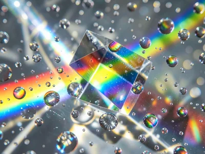 Rainbow light band crossing condensation droplets on cold glass, each droplet co