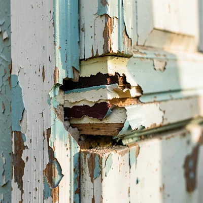 Seven visible paint layers in a door frame chip, archaeological cross-section of