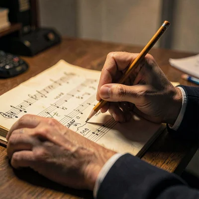 Lamp-lit portrait of a tutor's hands marking a worn music sheet with a pencil (i