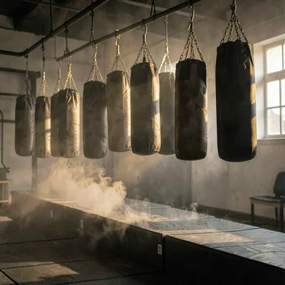 Atmospheric photo of a row of speed bags hanging in low light, dust haze driftin