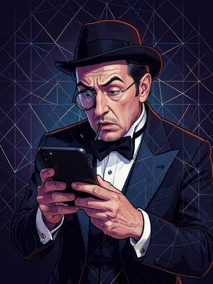 Victorian gentleman examining smartphone through monocle, confused expression
