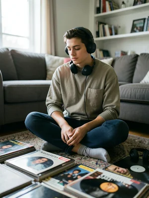 Person sitting cross-legged on a living room floor surrounded by vinyl records, 