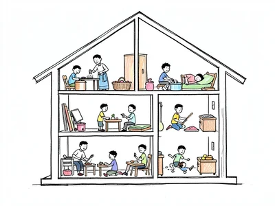 A simple house cross-section showing different rooms with stick figures doing ac