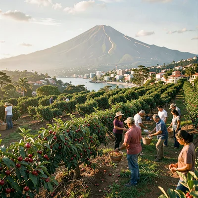 Pupusería golden hour in El Salvador, The volcano chain visible from a hilltop c