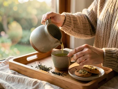 A person's hands pouring loose-leaf tea from a ceramic kyusu teapot into a small