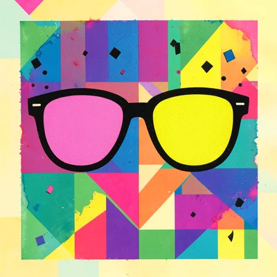 A pair of oversized sunglasses with one lens pink and one lens yellow, frames in