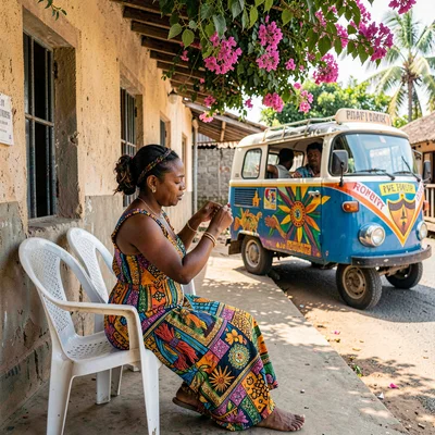 Resilient color in Port-au-Prince, Haiti, Woman braiding hair on porch, plastic 