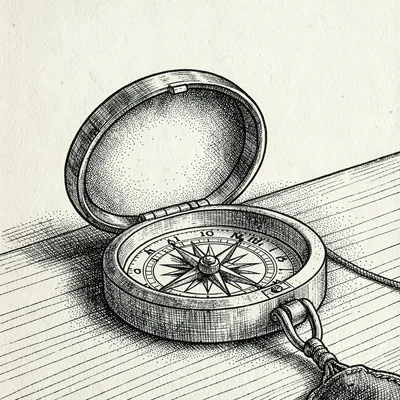 Pen-and-ink prop study of a sailor's compass open on a wooden table, hatched gra