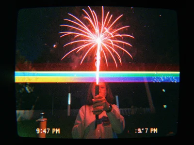 A frozen VHS frame of a 1990s backyard fireworks display, a Roman candle mid-lau