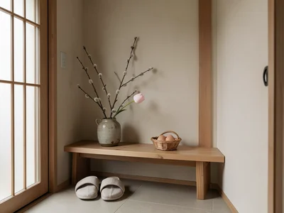 A Japanese-Scandinavian entryway with a low wooden bench, a pair of linen slippe
