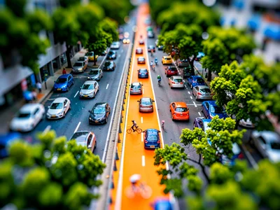 Knee-high view from a parking-deck tilt-shift photograph at rush hour, saturated