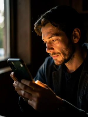 Social media scrolling rendered in Caravaggio dramatic lighting, face lit by pho
