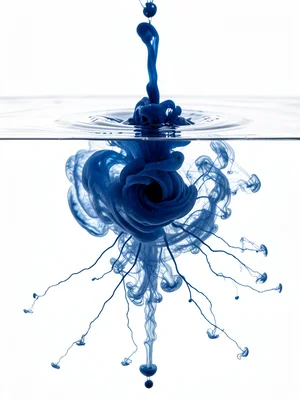 Ink dropped from high distance into water, initial impact mushroom cloud shape w