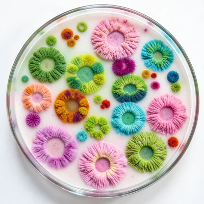 Petri dish cultures in spring-like greens and pinks, bacterial bloom patterns