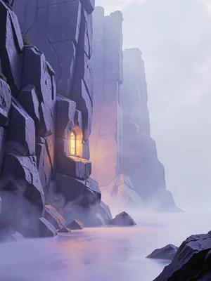 Citadel rock light with sheer cliffs of cold violet stone, a single warm glow in