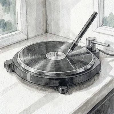 Charcoal of a turntable on a counter with a stylus poised over a spinning disc